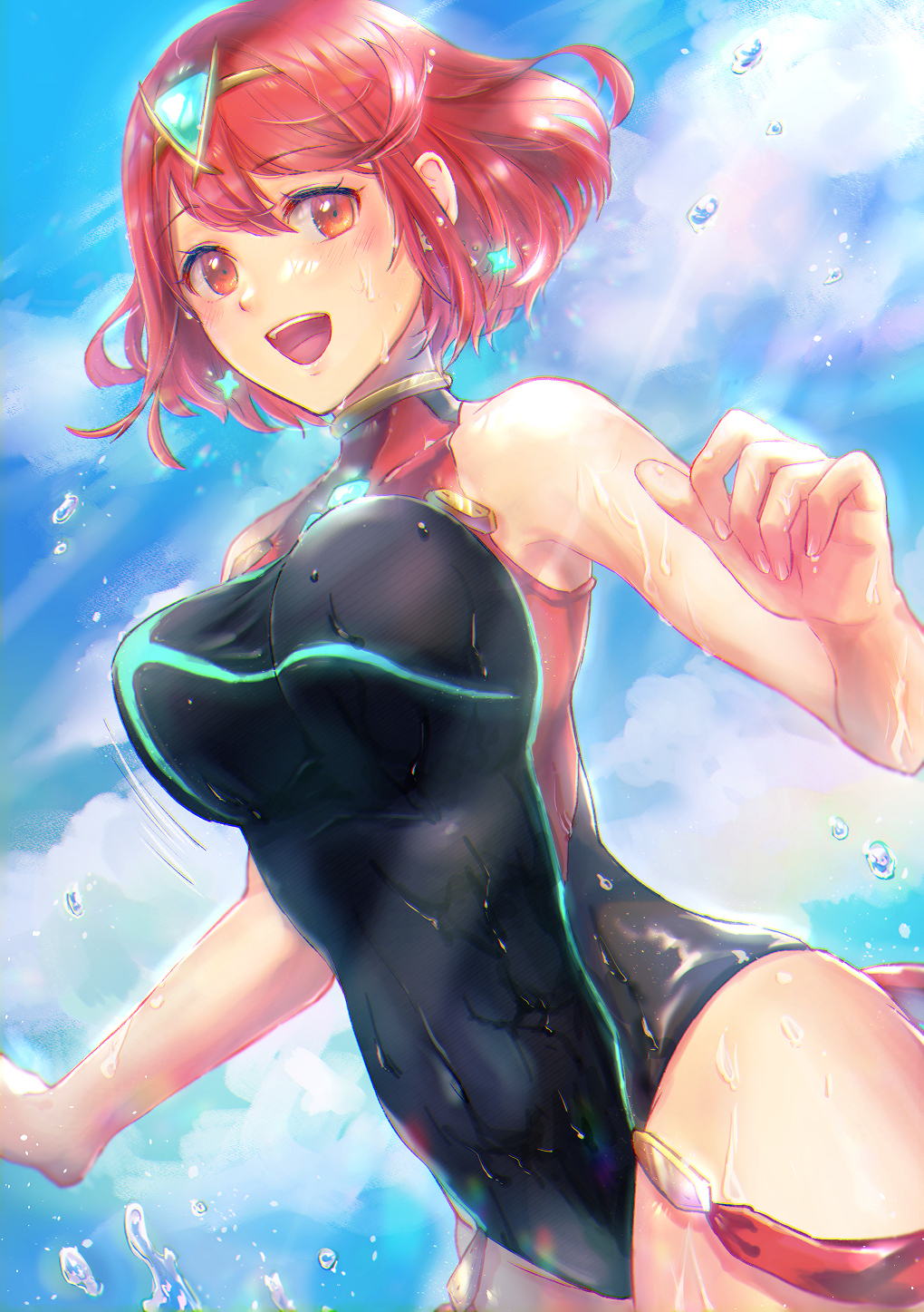 1girl :d bare_arms black_swimsuit blush bouncing_breasts breasts chest_jewel covered_navel cowboy_shot day eyebrows_visible_through_hair fuwamoko_momen_toufu highres jewelry large_breasts light_rays one-piece_swimsuit open_mouth outdoors pyra_(xenoblade) red_eyes redhead short_hair sky smile splashing sunbeam sunlight swimsuit wet xenoblade_(series) xenoblade_2
