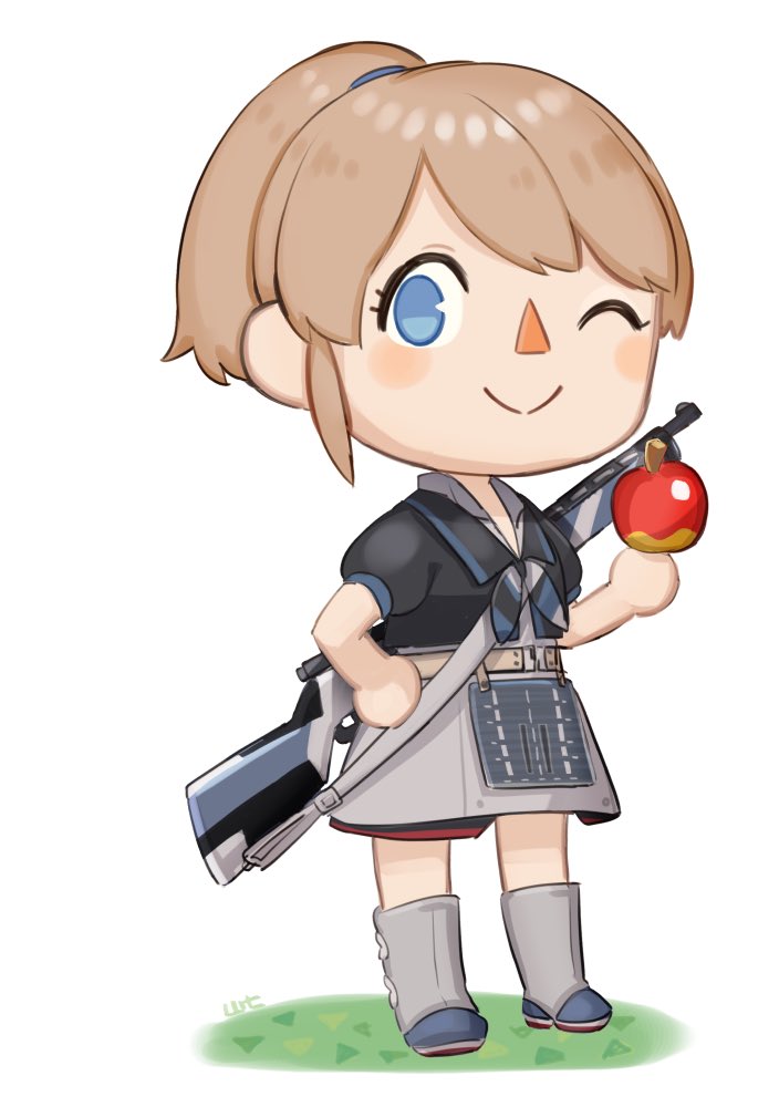 1girl animal_crossing apple bangs blue_eyes blush chibi cute diomedea doubutsu_no_mori flight_deck food fruit gun hand_on_hip holding holding_food holding_fruit intrepid_(kantai_collection) kadokawa_games kantai_collection light_brown_hair m1903_springfield nintendo nintendo_ead one_eye_closed over_shoulder parody ponytail red_nose shirt short_sleeves skirt smile solo style_parody weapon weapon_over_shoulder yamashiki_(orca_buteo)