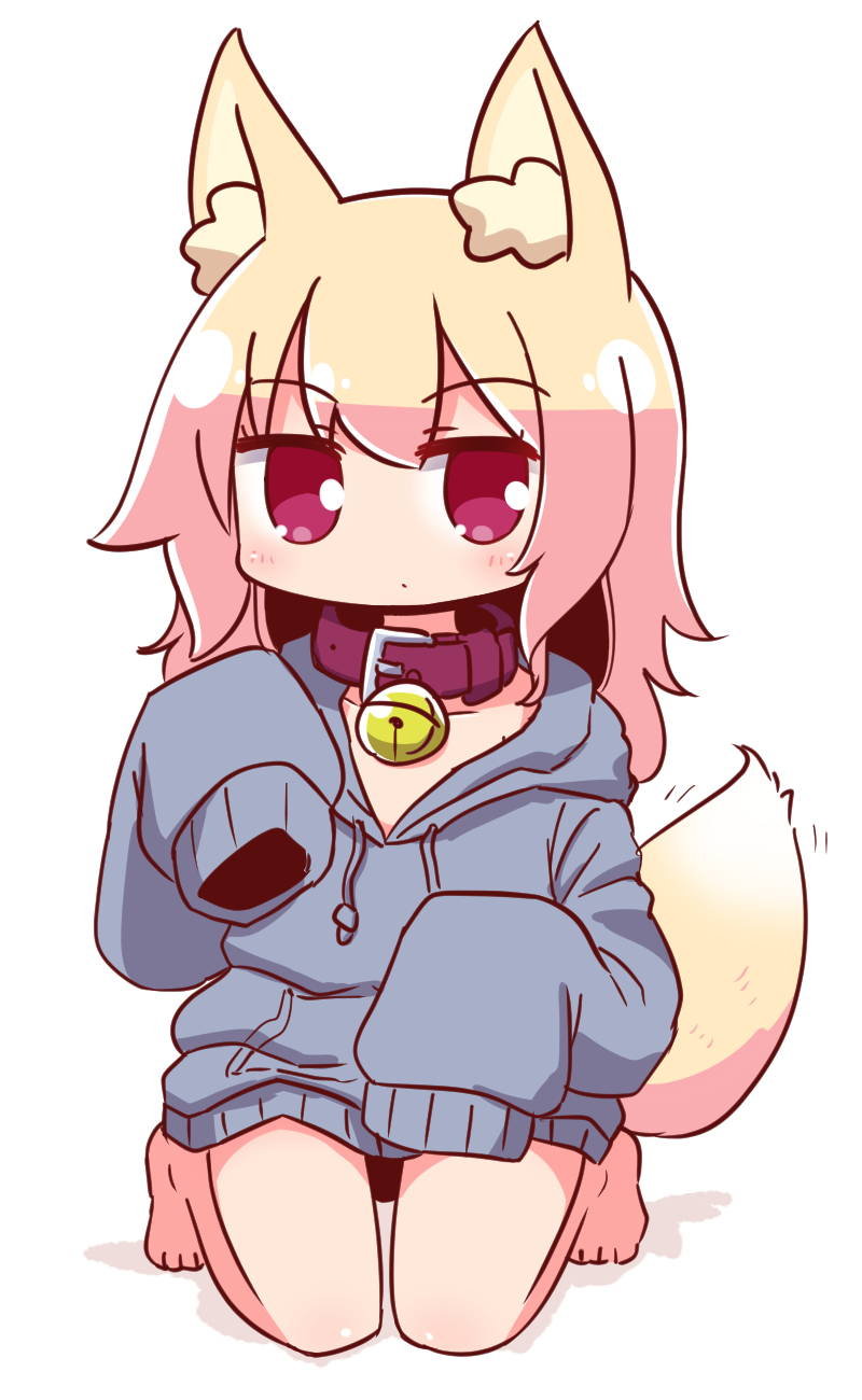 1girl alternate_costume animal_ear_fluff animal_ears bangs barefoot bell bell_collar blonde_hair blush brown_collar closed_mouth collar collarbone drawstring eyebrows_visible_through_hair fox_ears fox_girl fox_tail full_body grey_hoodie hair_between_eyes highres hood hood_down hoodie jingle_bell kemomimi-chan_(naga_u) kneeling long_hair long_sleeves looking_at_viewer naga_u original red_eyes shadow sleeves_past_fingers sleeves_past_wrists solo tail white_background