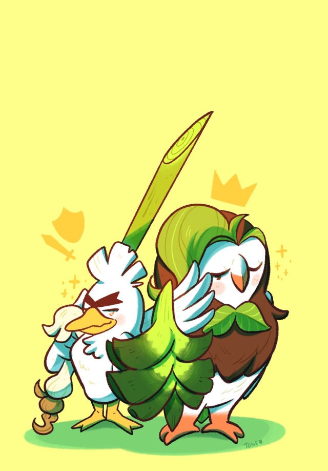 bird bird_focus commentary dartrix english_commentary gen_7_pokemon gen_8_pokemon holding holding_sword holding_weapon pokemon shield signature simple_background sirfetch'd standing sword tonestarr weapon yellow_background