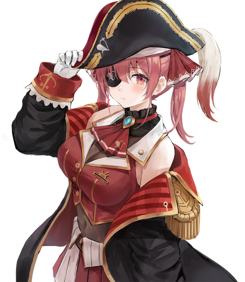 1girl ascot bare_shoulders black_coat black_headwear bodysuit breasts coat covered_navel crop_top epaulettes eyepatch fuwawa_(fuwawa617) gold_trim hand_on_headwear hat hololive houshou_marine large_breasts long_hair looking_at_viewer midriff miniskirt off_shoulder open_clothes open_coat pirate_hat pleated_skirt red_eyes red_shirt red_skirt redhead shirt simple_background skirt sleeveless sleeveless_shirt solo twintails upper_body virtual_youtuber white_background