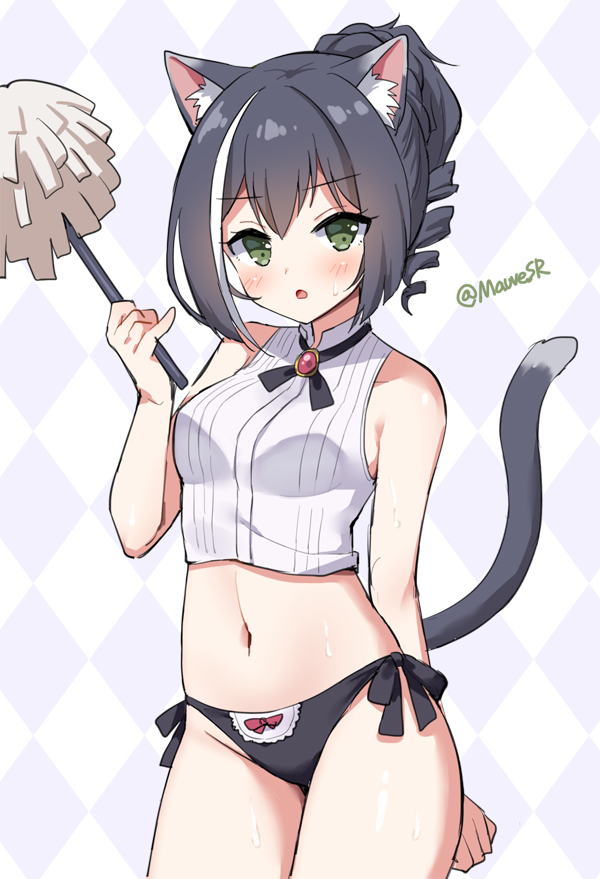 1girl :o animal_ear_fluff animal_ears argyle argyle_background bangs bare_arms bare_shoulders black_hair black_panties blush bow bow_panties breasts cat_ears cat_girl cat_tail commentary_request dress_shirt duster eyebrows_visible_through_hair green_eyes hand_up holding kyaru_(princess_connect) mauve multicolored_hair navel no_detached_sleeves no_pants panties parted_lips ponytail princess_connect! princess_connect!_re:dive ringlets shirt side-tie_panties sidelocks sleeveless sleeveless_shirt small_breasts solo streaked_hair sweat tail twitter_username underwear white_hair white_shirt