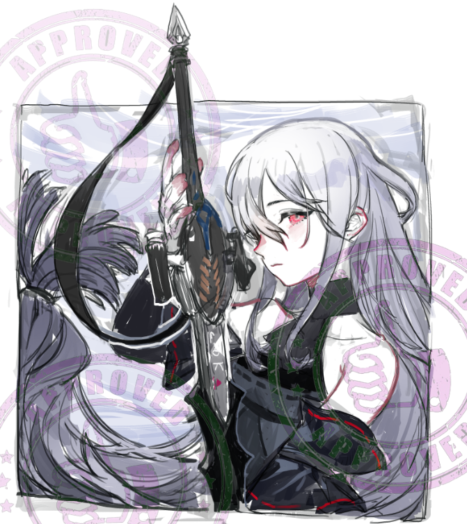 1girl arknights black_shirt border closed_mouth collarbone commentary detached_sleeves expressionless floating_hair from_side hair_between_eyes hair_over_one_eye long_hair looking_at_viewer low-tied_long_hair pp_bullet red_eyes shirt silver_hair skadi_(arknights) solo stamp sword thumbs_up traditional_media turtleneck upper_body weapon