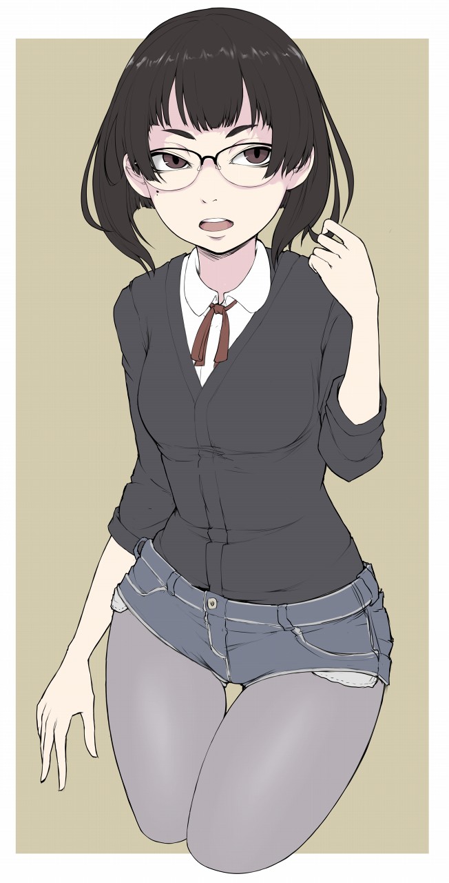 1girl adjusting_hair black_hair brown_eyes cardigan collared_shirt denim denim_shorts eyebrows glasses grey_legwear highres ina_(gokihoihoi) legwear_under_shorts long_sleeves looking_at_viewer mole mole_under_eye open_mouth original pantyhose shirt short_hair short_shorts shorts solo upper_teeth white_shirt