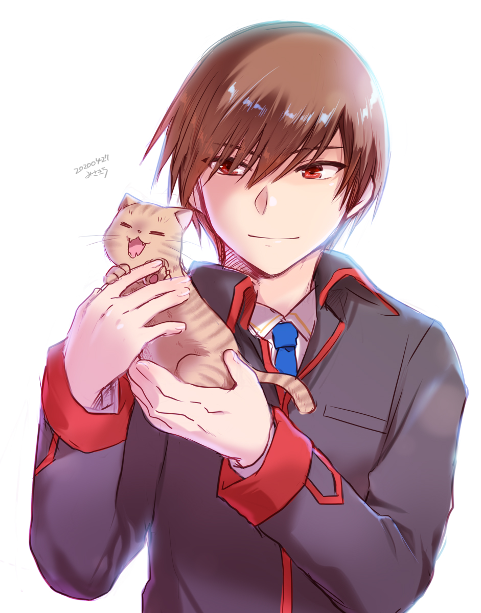 1boy 1other blue_neckwear brown_hair cat commentary_request highres little_busters!! long_sleeves male_focus misaki_juri natsume_kyousuke necktie red_eyes school_uniform short_hair simple_background smile white_background
