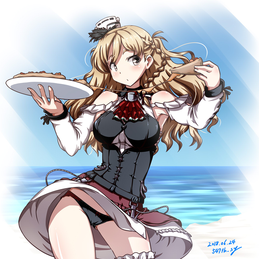 1girl 547th_sy anchor artist_name ascot bare_shoulders beach black_panties blonde_hair braid breasts brown_eyes cheese cheese_trail cleavage_cutout corset dated eating eyebrows food french_braid hat holding holding_food holding_pizza kantai_collection large_breasts layered_skirt long_hair long_sleeves mini_hat miniskirt outdoors panties pizza red_neckwear red_skirt shirt side_braid skirt slice_of_pizza sunlight tray underwear water wavy_hair white_shirt zara_(kantai_collection)