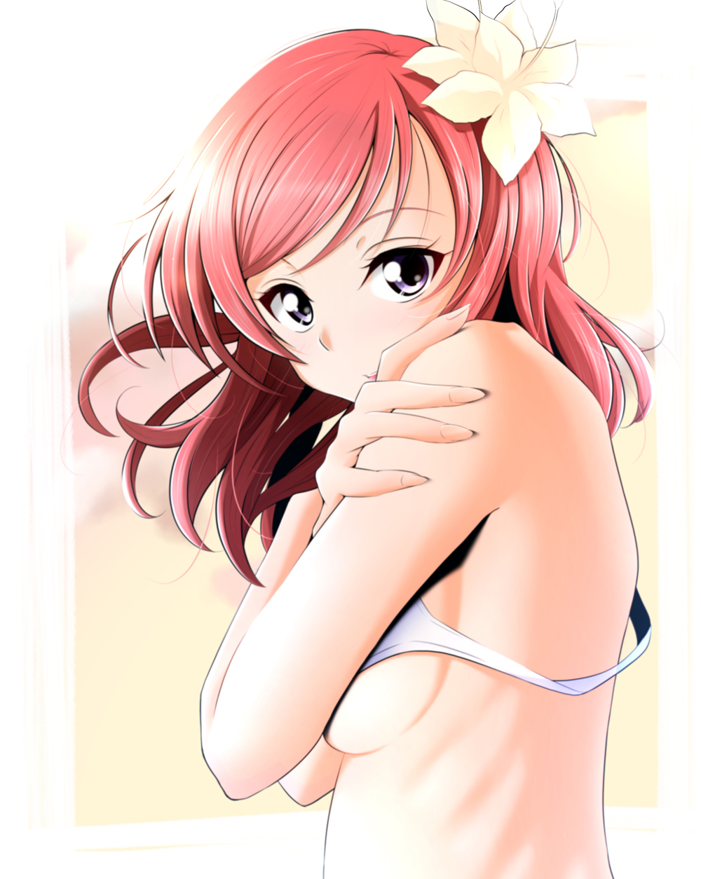 1girl bangs bikini bikini_top breasts closed_mouth covering covering_one_breast crossed_arms floating_hair flower hair_flower hair_ornament highres kirisaki_reina long_hair looking_at_viewer love_live! love_live!_school_idol_project medium_breasts nib_pen_(medium) nishikino_maki redhead shiny shiny_hair solo swept_bangs swimsuit traditional_media under_boob upper_body white_background white_bikini white_flower