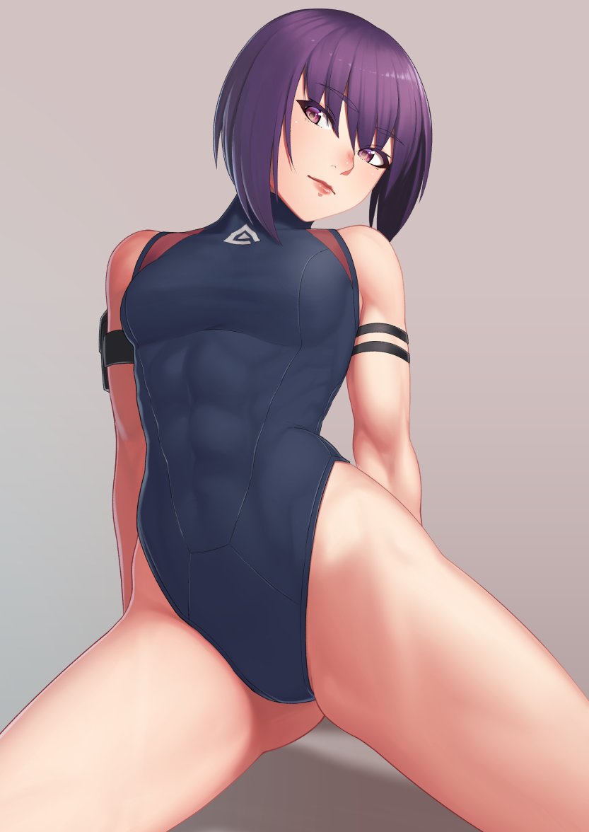 1girl alternate_costume arm_support ass_visible_through_thighs brown_eyes covered_abs covered_navel eyebrows_visible_through_hair ghost_in_the_shell grey_background kusanagi_motoko looking_at_viewer purple_hair putchers solo swimsuit thighs