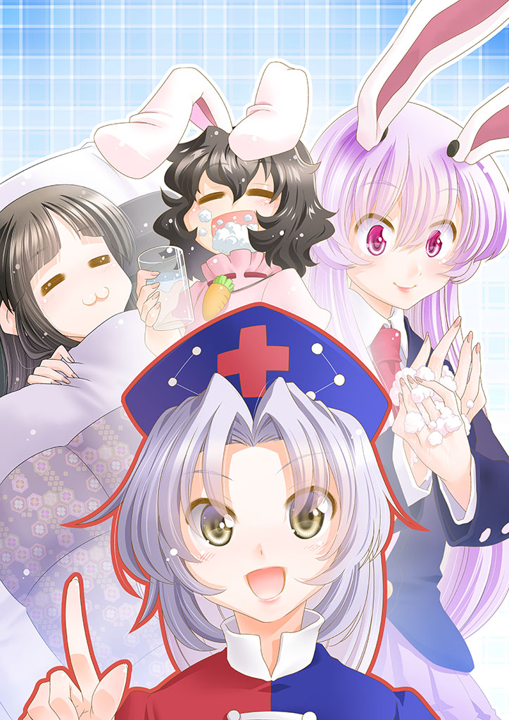 4girls animal_ears bangs black_hair blazer blue_background blue_dress blue_jacket blush carrot_necklace closed_eyes closed_mouth collared_dress collared_shirt commentary_request constellation_print coronavirus_pandemic cup dress eyebrows_visible_through_hair eyes_visible_through_hair fingernails floppy_ears futon gargling gradient gradient_background gradient_hair hair_between_eyes hair_intakes hat hime_cut holding holding_cup houraisan_kaguya inaba_tewi jacket light_particles lips long_hair long_sleeves looking_at_viewer mizuki_hitoshi multicolored multicolored_clothes multicolored_dress multicolored_hair multiple_girls necktie nurse_cap open_mouth outline parted_bangs patterned_background pillow pink_dress pink_hair pink_nails pleated_skirt pointing pointing_up pov purple_hair purple_skirt rabbit_ears red_dress red_lips red_neckwear red_outline reflective_eyes reisen_udongein_inaba ribbon-trimmed_collar ribbon_trim shiny shiny_hair shiny_skin shirt short_hair short_sleeves sidelocks silver_hair skirt sleeping smile talking touhou washing_hands white_shirt yagokoro_eirin |3