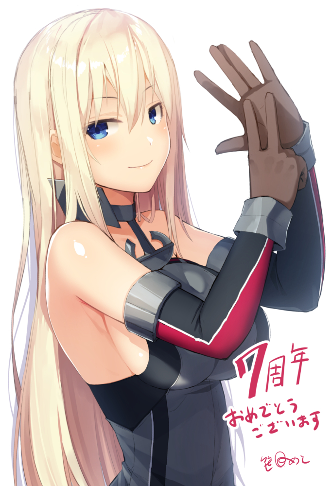 1girl anniversary bangs bismarck_(kantai_collection) blonde_hair blue_eyes blush breasts elbow_gloves gloves hair_between_eyes kantai_collection large_breasts long_hair meth_(emethmeth) military military_uniform sideboob signature simple_background sleeveless smile solo uniform white_background