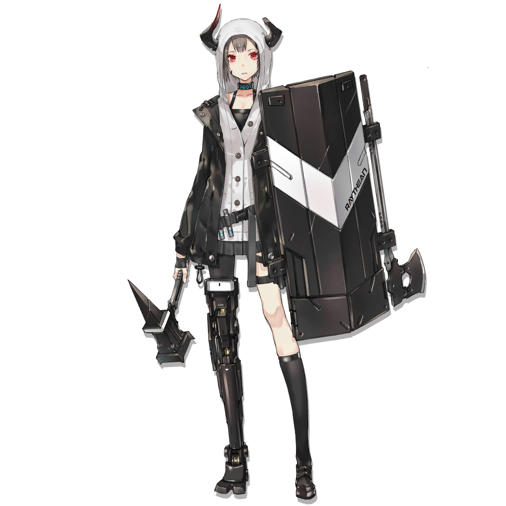 1girl arknights black_footwear black_jacket black_legwear choker collarbone eyebrows_visible_through_hair full_body grey_hair hammer holding holding_hammer holding_shield holding_weapon jacket kneehighs long_legs long_sleeves looking_at_viewer neco official_art red_eyes shield short_hair single_kneehigh solo transparent_background vulcan_(arknights) weapon