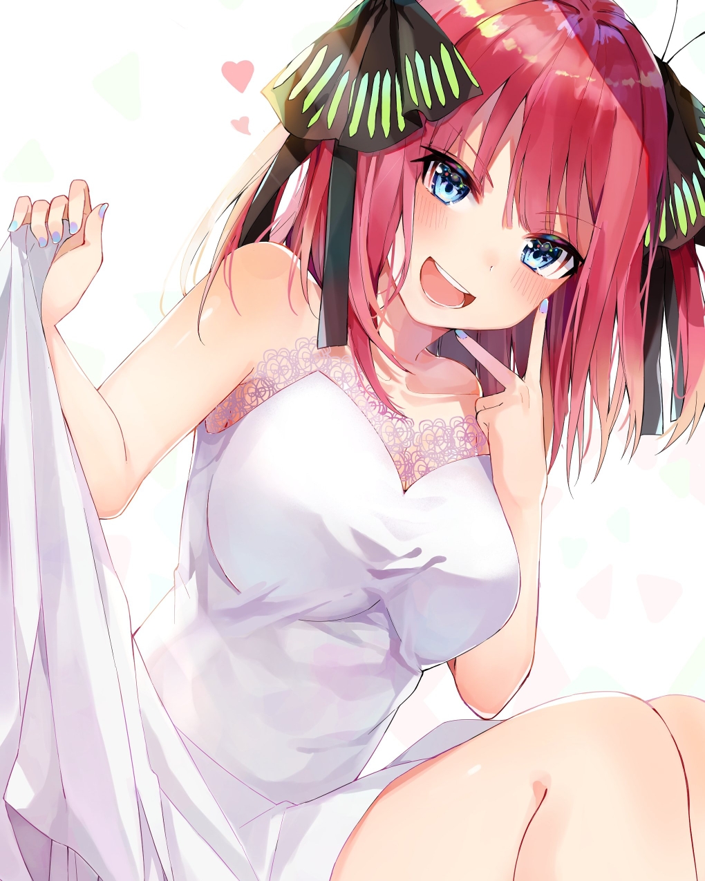 1girl :d bangs bare_shoulders black_ribbon blue_eyes blunt_bangs blush breasts butterfly_hair_ornament collarbone commentary_request cowboy_shot dress eyebrows_visible_through_hair finger_to_cheek go-toubun_no_hanayome hair_ornament hair_ribbon head_tilt heart highres holding_dress large_breasts long_hair looking_at_viewer machamochi multicolored multicolored_nails nakano_nino open_mouth pink_hair ribbon sidelocks simple_background sitting smile solo strapless strapless_dress two_side_up upper_teeth v wedding_dress white_background white_dress