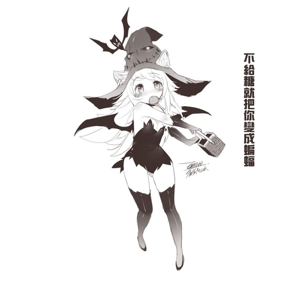 1girl alternate_costume animal_ears blush breasts chinese_text dated ejami greyscale halloween_costume hat league_of_legends long_hair looking_at_viewer lulu_(league_of_legends) monochrome pointy_ears signature simple_background thigh-highs translation_request white_background witch_hat