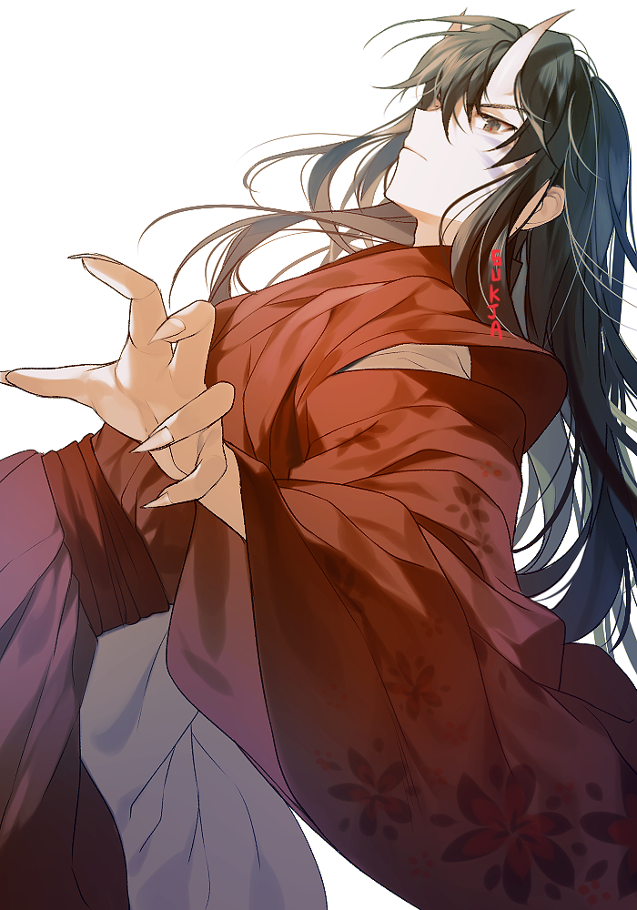 1boy black_eyes black_hair claws closed_mouth facial_mark fingernails floral_print inuyasha inuyasha_(character) japanese_clothes kimono long_fingernails long_hair male_focus red_kimono sharp_fingernails signature simple_background solo sukja very_long_fingernails white_background