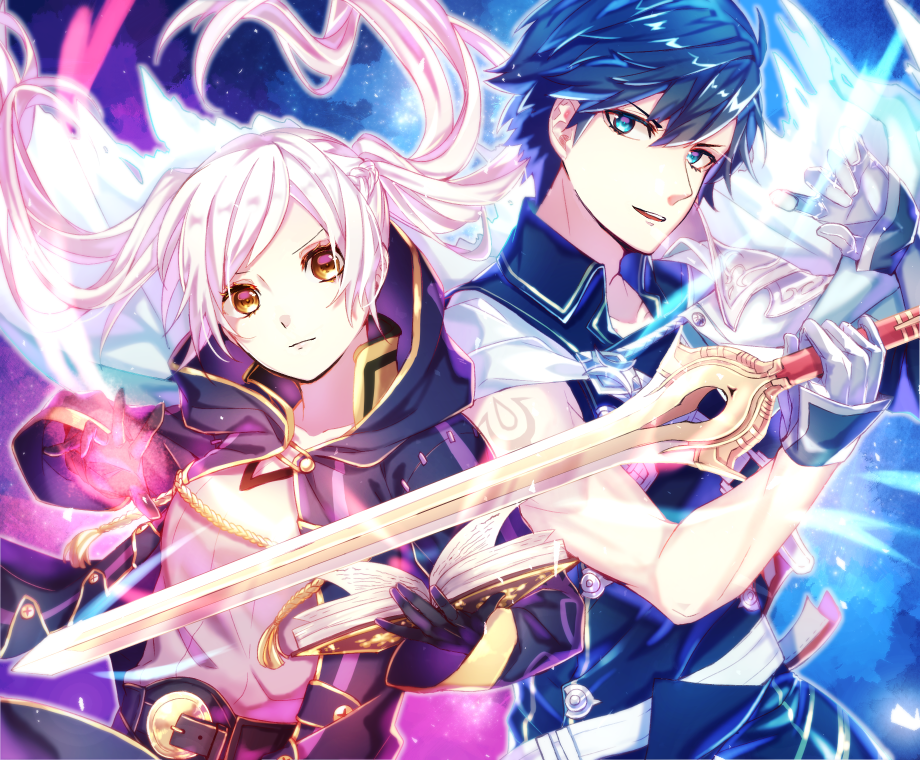 1boy 1girl :d bangs black_gloves blue_eyes blue_hair book chrom_(fire_emblem) closed_mouth collarbone falchion_(fire_emblem) fire_emblem fire_emblem_awakening floating_hair gloves grey_gloves holding holding_sword holding_weapon long_hair looking_at_viewer open_book open_mouth robin_(fire_emblem) shiny shiny_hair short_hair silver_hair sleeveless smile solo swept_bangs sword tida_2112 upper_body very_long_hair weapon yellow_eyes