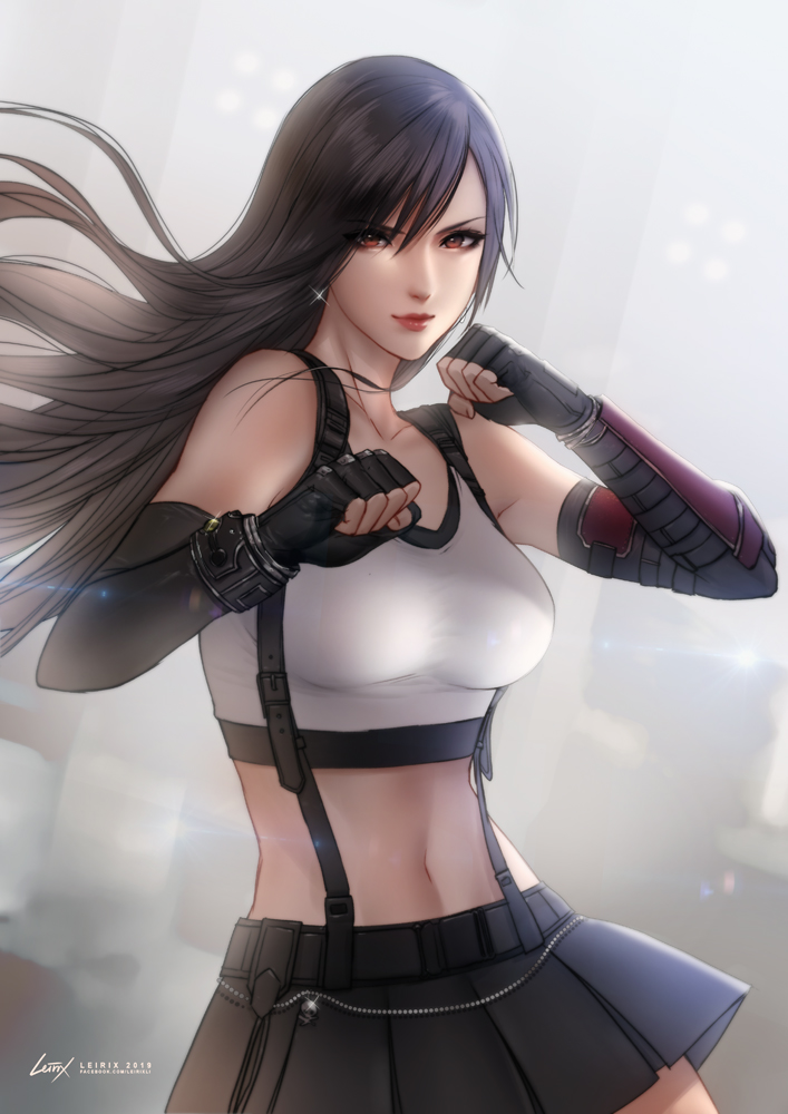 1girl arm_guards artist_name backlighting bangs black_bra black_gloves black_skirt bra breasts brown_hair clenched_hands closed_mouth collarbone commentary cowboy_shot crop_top dated earrings elbow_gloves eyebrows_visible_through_hair eyes_visible_through_hair fighting_stance final_fantasy final_fantasy_vii final_fantasy_vii_remake fingerless_gloves floating_hair glint gloves hair_between_eyes jewelry large_breasts leirix_(leirixart) lips lipstick long_hair looking_at_viewer makeup midriff miniskirt navel parted_bangs pleated_skirt red_eyes signature skirt smile solo sports_bra suspender_skirt suspenders symbol_commentary tank_top taut_clothes tifa_lockhart underwear white_tank_top