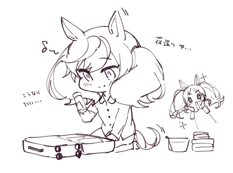 +_+ 1girl animal_ears bangs collared_shirt eighth_note eyebrows_visible_through_hair greyscale holding horse_ears horse_girl horse_tail long_hair long_sleeves marvelous_sunday_(umamusume) monochrome musical_note nice_nature_(umamusume) ouri_(aya_pine) pajamas pants seiza shirt simple_background sitting sketch suitcase tail translation_request twintails umamusume white_background