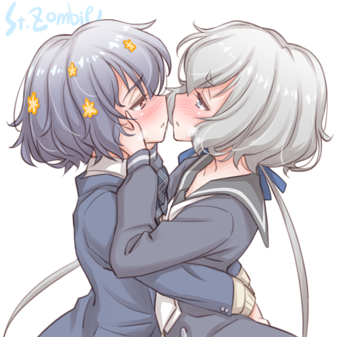 2girls artist_name black_sailor_collar blue_eyes blue_hair blue_ribbon blush brown_eyes eye_contact hair_ribbon heavy_breathing imminent_kiss konno_junko long_sleeves looking_at_another low_twintails mizuno_ai multiple_girls open_mouth ribbon sailor_collar school_uniform short_hair simple_background studiozombie twintails white_background white_hair yuri zombie_land_saga