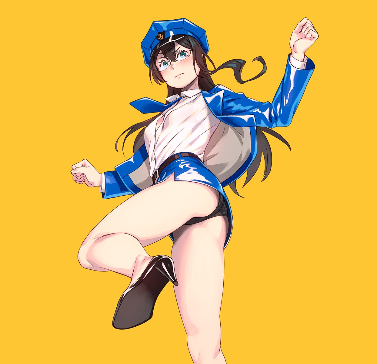 1girl alternate_costume anchor_print ass bangs bare_legs belt black_hair black_panties blue_eyes blue_jacket blue_skirt blush breasts closed_mouth commentary_request eyebrows_visible_through_hair from_below glasses hat high_heels highres jacket kantai_collection leg_up long_hair long_sleeves looking_at_viewer ooyodo_(kantai_collection) panties peaked_cap pencil_skirt semi-rimless_eyewear shiny shiny_clothes shirt simple_background skirt small_breasts solo thighs under-rim_eyewear underwear white_shirt yellow_background yuuji_(and)
