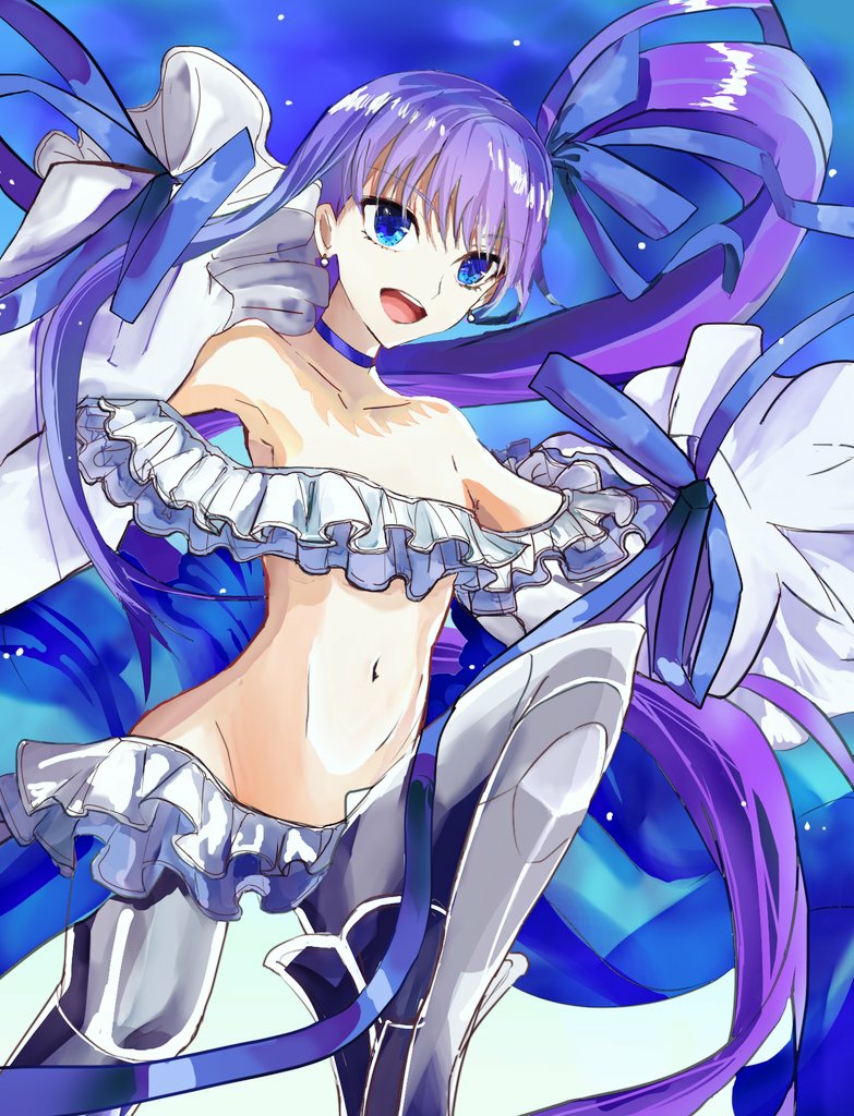 1girl artist_request bangs bare_shoulders bikini blue_eyes blue_ribbon breasts choker collarbone earrings fate/grand_order fate_(series) frilled_bikini frills greaves hair_ribbon jewelry knee_up long_hair long_sleeves looking_at_viewer meltryllis meltryllis_(swimsuit_lancer)_(fate) open_mouth prosthesis prosthetic_leg puffy_sleeves purple_hair ribbon side_ponytail sleeves_past_fingers sleeves_past_wrists small_breasts smile solo swimsuit thighs very_long_hair white_bikini white_ribbon