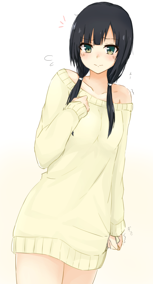 1girl bangs black_hair closed_mouth collarbone cowboy_shot dress green_eyes long_hair long_sleeves looking_at_viewer low_twintails off-shoulder_sweater off_shoulder shiny shiny_hair shirobako simple_background sketch solo standing sweater sweater_dress tahita1874 twintails white_background white_sweater yasuhara_ema