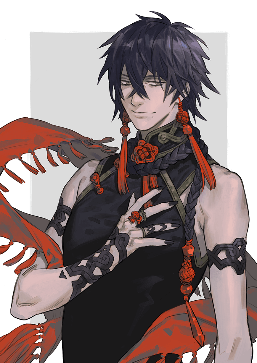 1boy armlet bare_shoulders black_hair black_nails braid chinese_clothes closed_mouth copyright_request earrings fingernails grey_eyes hair_between_eyes highres jewelry long_fingernails long_hair male_focus mole mole_under_mouth muni_(fdrk) ring smile solo two-tone_background