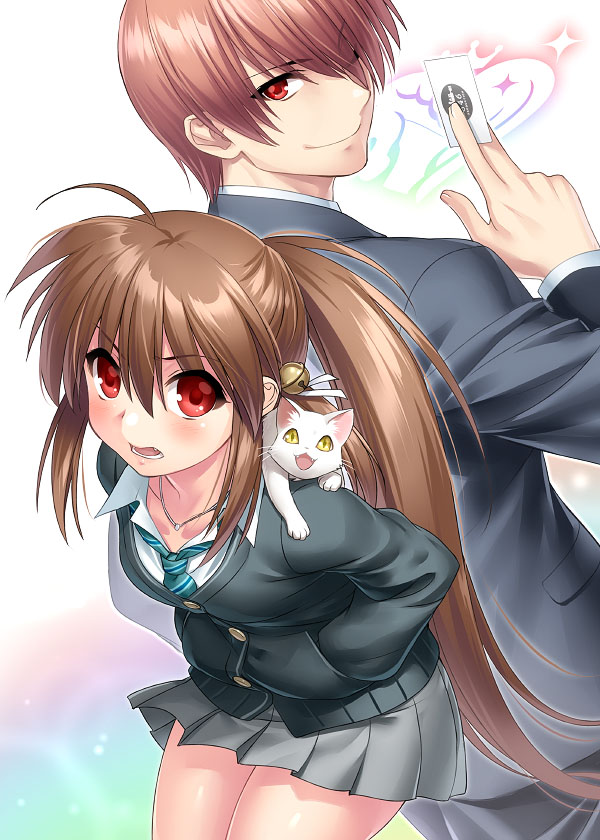 1boy 1girl back-to-back black_jacket brother_and_sister brown_hair card cat commentary_request cosplay cowboy_shot formal green_neckwear grey_skirt hair_over_one_eye hands_in_pockets idolmaster idolmaster_cinderella_girls jacket lennon little_busters!! long_hair namesake natsume_kyousuke natsume_rin necktie pleated_skirt ponytail producer_(idolmaster_cinderella_girls_anime) producer_(idolmaster_cinderella_girls_anime)_(cosplay) red_eyes school_uniform shibuya_rin shibuya_rin_(cosplay) siblings skirt striped striped_neckwear suit zen