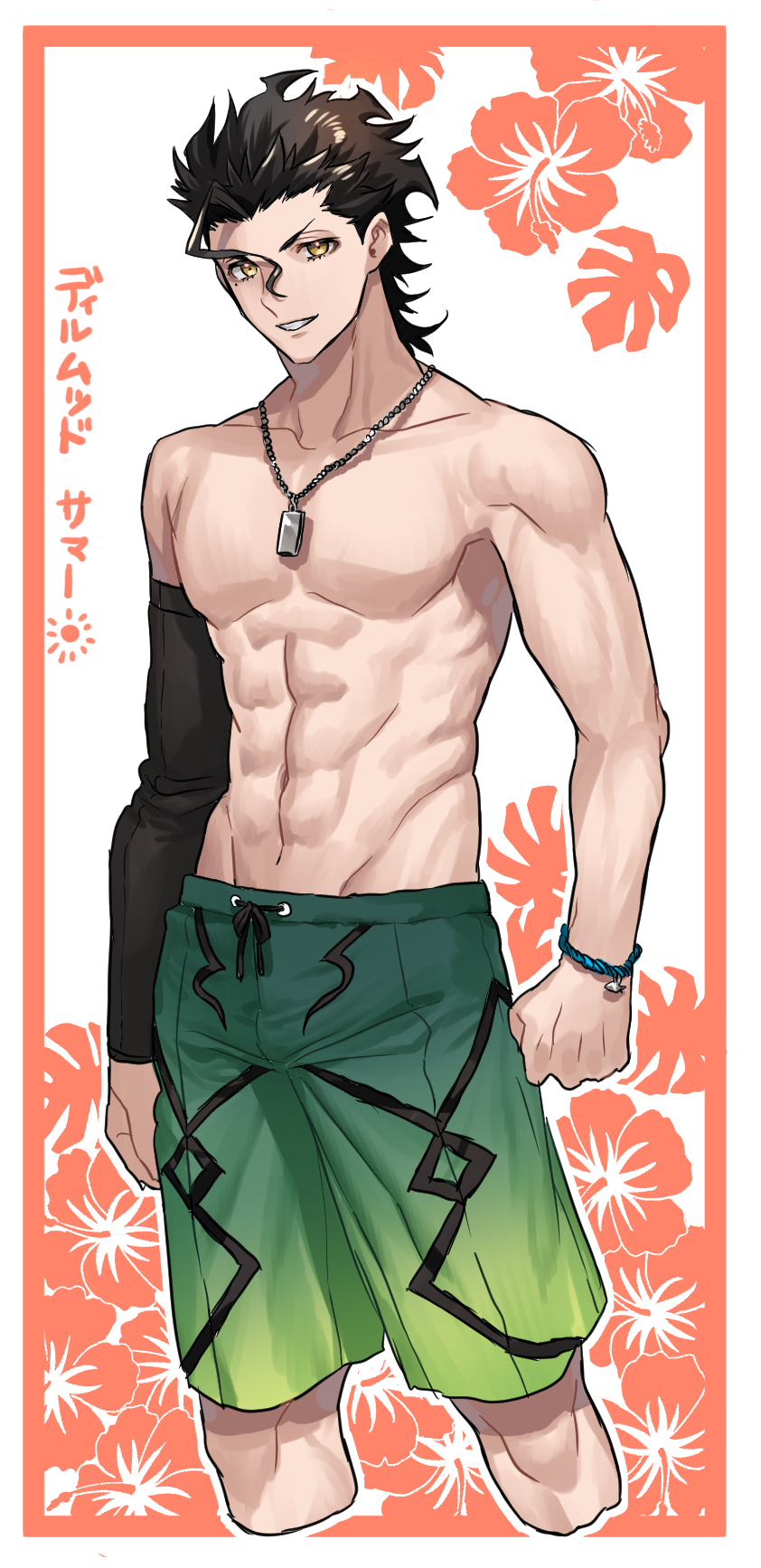 1boy black_hair black_sleeves bracelet brown_eyes collarbone detached_sleeves fate/zero fate_(series) grin highres jewelry kmk lancer_(fate/zero) long_sleeves looking_at_viewer male_focus male_swimwear necklace shiny shiny_hair smile solo swim_trunks swimwear
