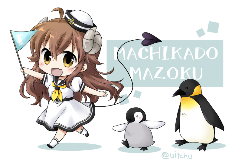 1girl ahoge bird brown_hair demon_girl demon_horns demon_tail eyebrows_visible_through_hair fang flag horns long_hair machikado_mazoku open_mouth penguin school_uniform serafuku skin_fang skirt smile tail uitchu yoshida_yuuko_(machikado_mazoku)