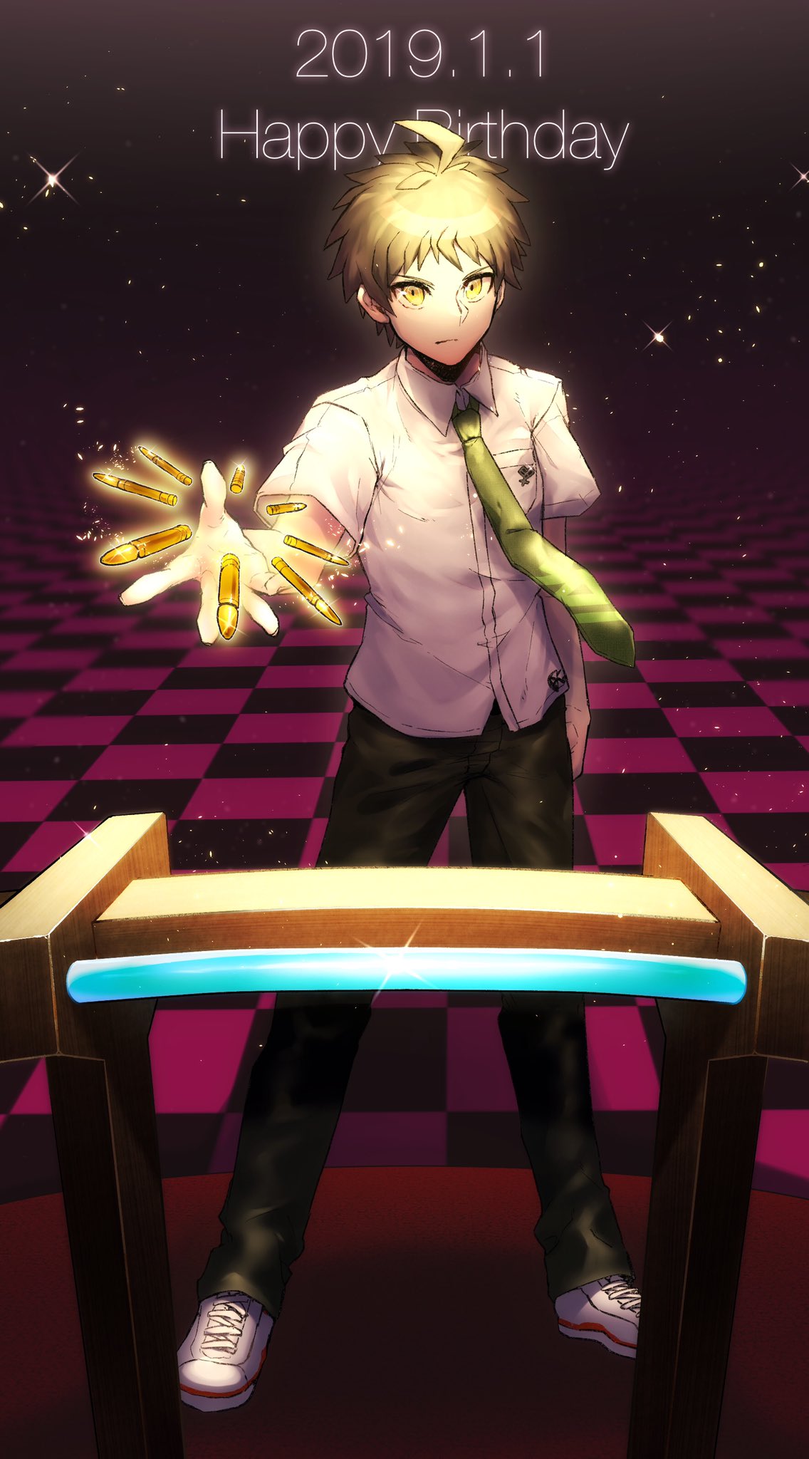 1boy ahoge bangs brown_hair bullet checkered checkered_floor commentary_request dangan_ronpa dated green_neckwear happy_birthday highres hinata_hajime looking_at_viewer necktie shirt short_hair short_sleeves solo star starry_background super_dangan_ronpa_2 syati_kino white_shirt yellow_eyes