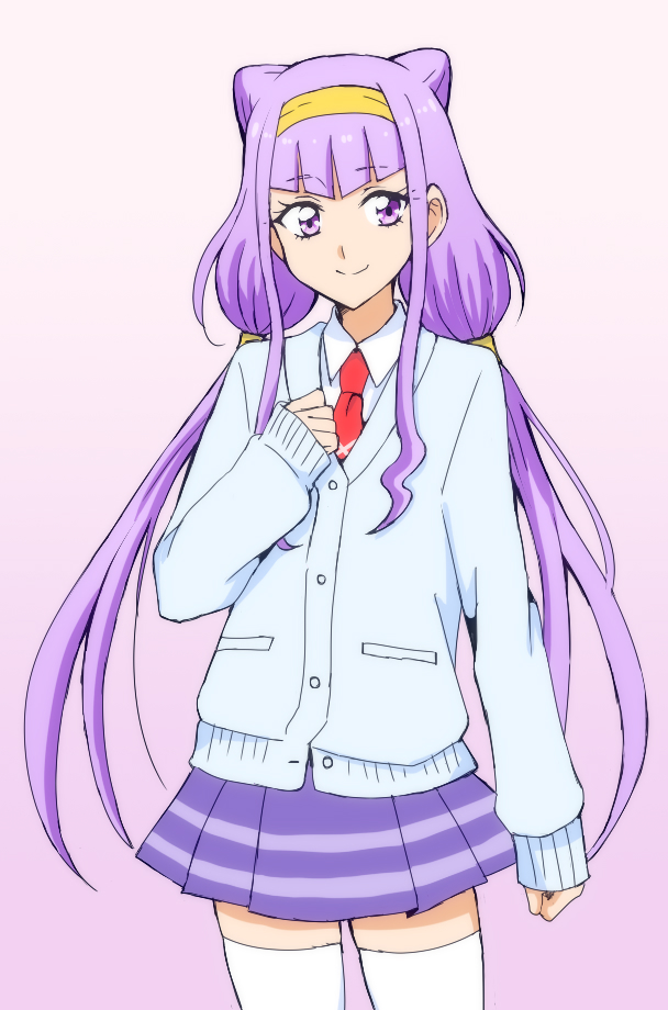 1girl bangs black_legwear closed_mouth collared_shirt cowboy_shot eyebrows_visible_through_hair floating_hair hairband hugtto!_precure koroni_(nkrgs) long_hair long_sleeves looking_at_viewer miniskirt necktie pink_background pleated_skirt precure purple_hair purple_skirt red_neckwear ruru_amour school_uniform shiny shiny_hair shirt simple_background skirt smile solo standing thigh-highs very_long_hair violet_eyes white_cardigan white_shirt wing_collar yellow_hairband zettai_ryouiki