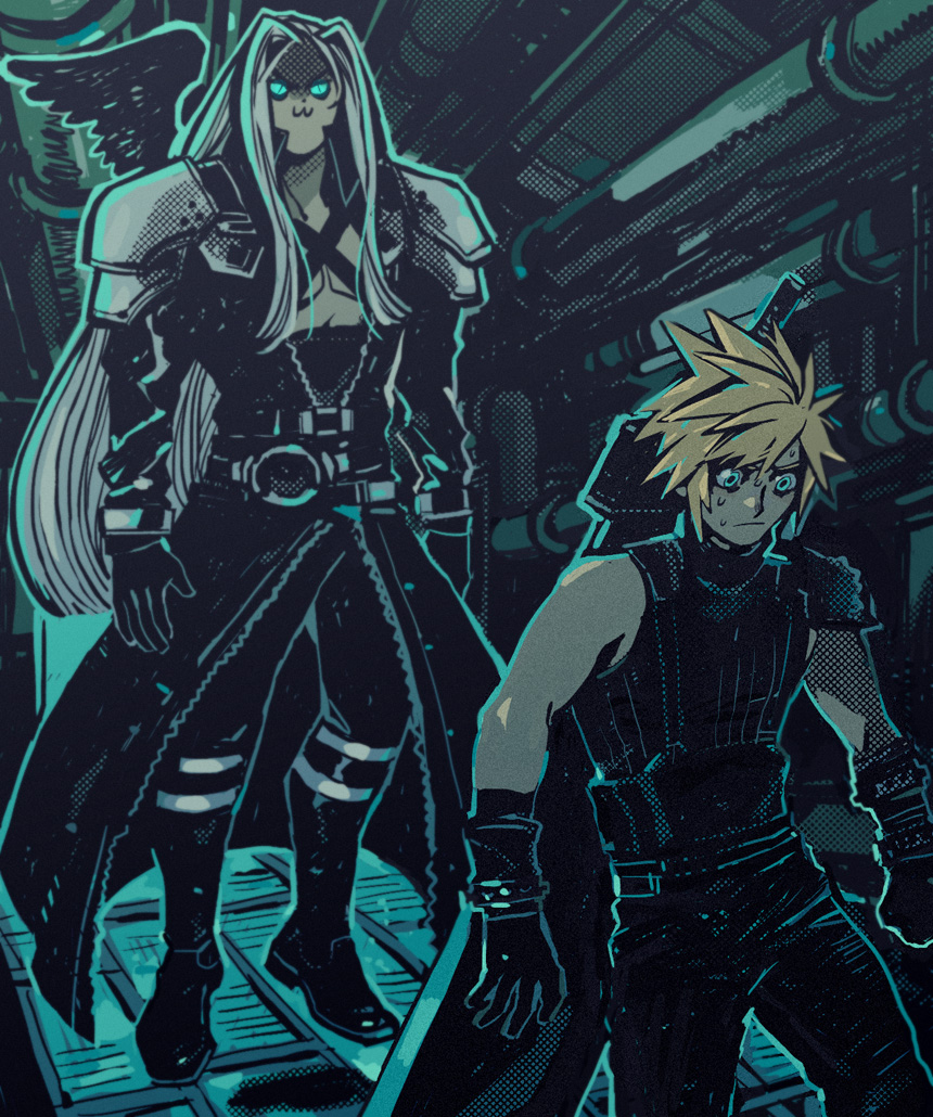 2boys :3 blonde_hair blue_eyes buster_sword cinnerone cloud_strife feathered_wings final_fantasy final_fantasy_vii final_fantasy_vii_remake floating gloves long_hair looking_at_another multiple_boys sephiroth shoulder_armor silver_hair single_wing slit_pupils spiky_hair sweatdrop sword very_long_hair weapon weapon_on_back wings