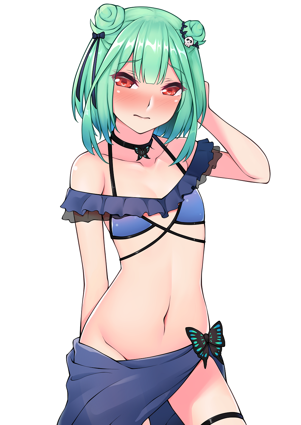 1girl aqua_hair bangs bare_shoulders bikini black_choker black_triangle_(artist) blue_bikini blue_ribbon blush choker closed_mouth collarbone contrapposto double_bun embarrassed eyebrows_visible_through_hair flat_chest full-face_blush hair_ornament hair_ribbon highres hololive looking_at_viewer navel red_eyes ribbon short_hair sidelocks simple_background skull_hair_ornament solo standing stomach swimsuit thigh_strap uruha_rushia virtual_youtuber wavy_mouth white_background