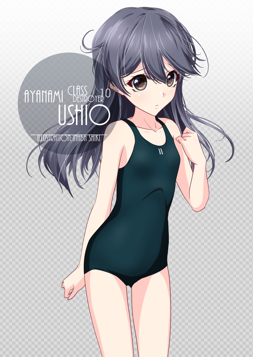 1girl ahoge alternate_breast_size artist_name black_hair black_swimsuit brown_eyes character_name checkered checkered_background commentary_request cowboy_shot flat_chest gradient gradient_background grey_background highres inaba_shiki kantai_collection long_hair looking_at_viewer new_school_swimsuit school_swimsuit solo swimsuit ushio_(kantai_collection)