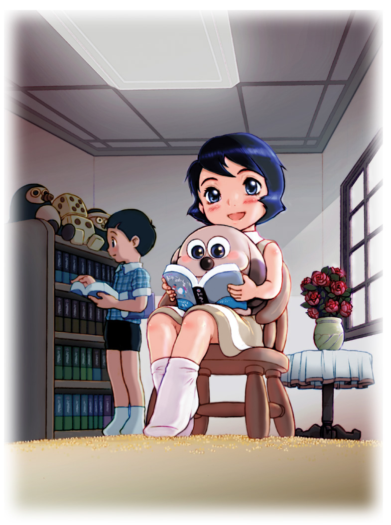 1boy 1girl 4suke blush character_request closed_mouth colored_pencil_(medium) commentary_request dress looking_at_viewer open_mouth perman_(series) short_hair smile socks stuffed_animal stuffed_toy traditional_media