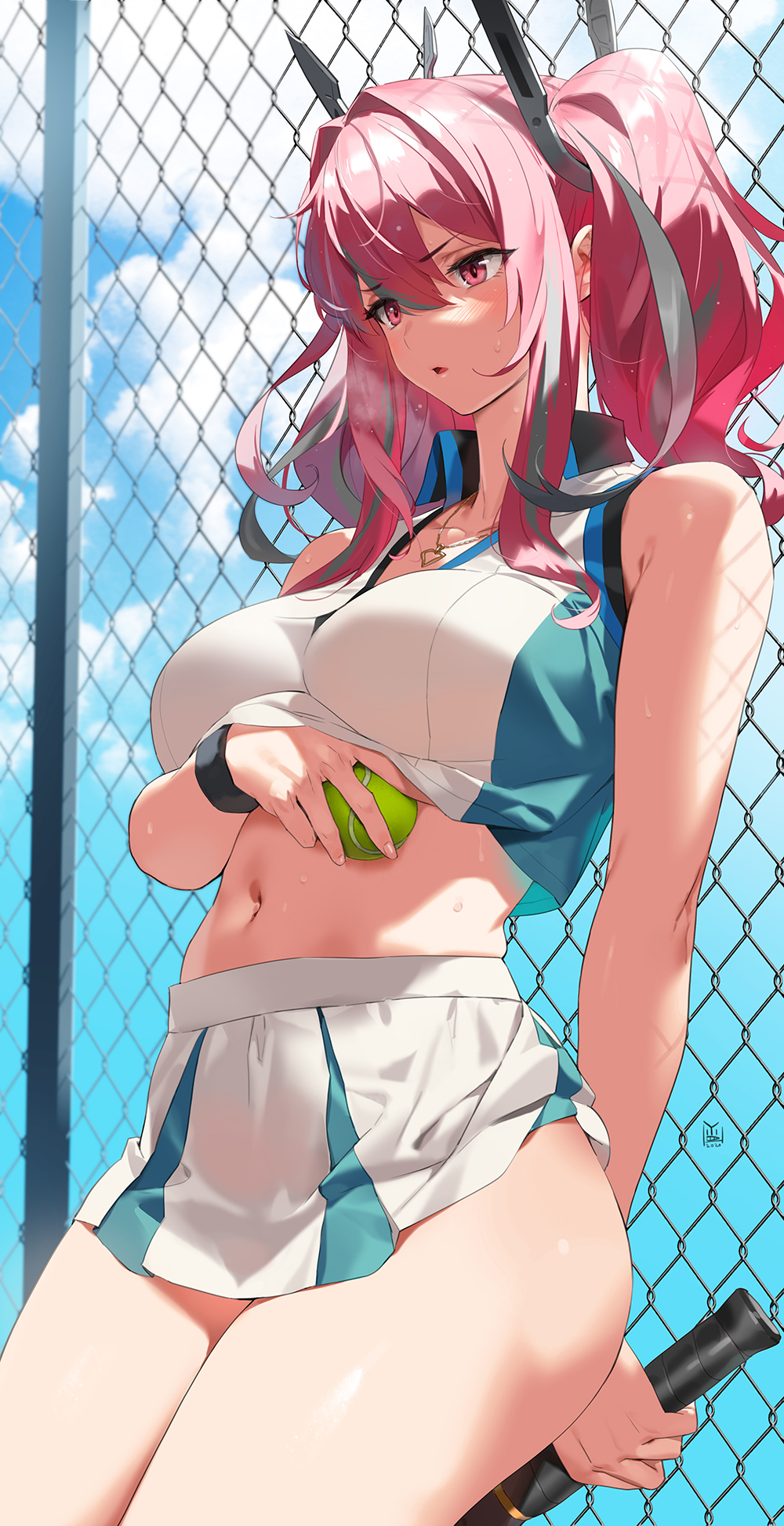 1girl arms_behind_back azur_lane ball bangs bare_shoulders blue_sky breath bremerton_(azur_lane) bremerton_(scorching-hot_training)_(azur_lane) chain-link_fence clouds collared_shirt commentary cowboy_shot crop_top crop_top_overhang eyebrows_visible_through_hair fence hair_between_eyes hair_ornament headgear heart heart_necklace highres holding holding_ball holding_racket jewelry leaning_back long_hair midriff multicolored_hair navel necklace open_mouth racket redhead shirt skirt skirt_lift sky sleeveless sleeveless_shirt sportswear streaked_hair sweat tennis_ball tennis_racket tennis_uniform thick_thighs thighs twintails two-tone_shirt two-tone_skirt wristband x_hair_ornament yang-do