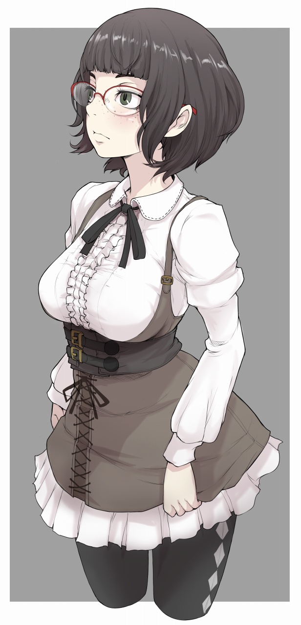 1girl argyle argyle_legwear arms_at_sides black_legwear blush breasts brown_eyes brown_hair brown_skirt closed_mouth collared_shirt expressionless eyebrows freckles glasses grey_background highres ina_(gokihoihoi) large_breasts long_sleeves looking_away looking_to_the_side original pantyhose shirt short_hair simple_background skirt solo upper_body white_shirt