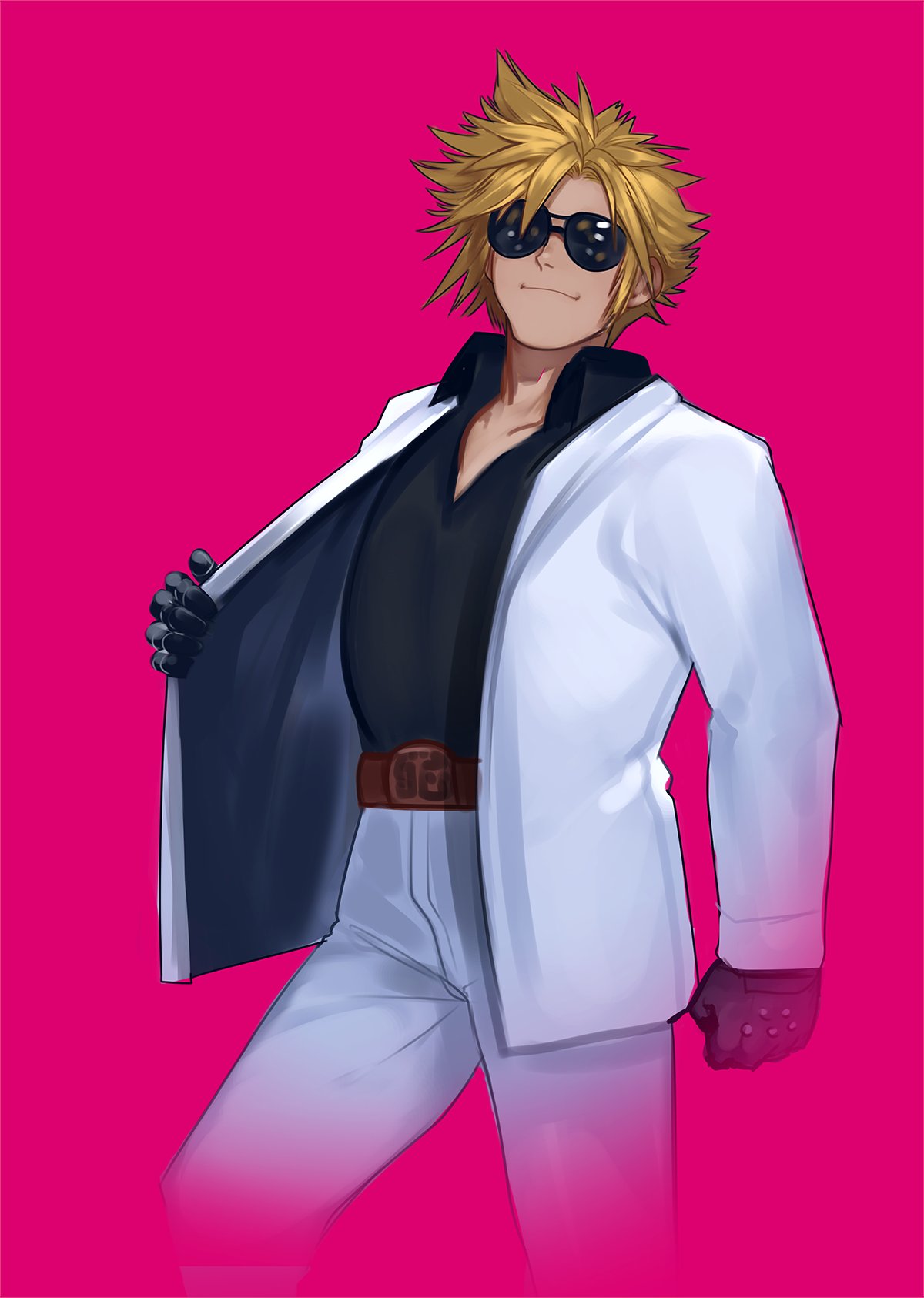 1boy aviator_sunglasses belt belt_buckle black_gloves black_shirt blonde_hair buckle clenched_hand cloud_strife collared_shirt commentary commentary_request cosplay cropped_legs dancing english_commentary final_fantasy final_fantasy_vii final_fantasy_vii_remake formal gloves highres looking_at_viewer male_focus manly matsushiro_ken matsushiro_ken_(cosplay) mixed-language_commentary parody pink_background pose shirt solo spiky_hair suit sunglasses to_all_tha_dreamers voodoothur white_suit yakitate!!_japan