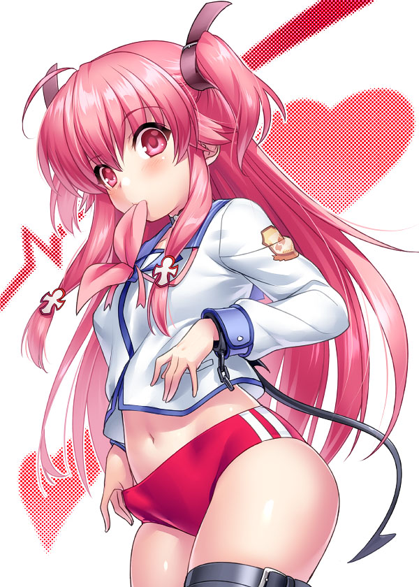 1girl angel_beats! blue_sailor_collar buruma choker commentary_request cowboy_shot cross-laced_footwear demon_tail hair_ribbon heart leg_belt lifeline long_hair mouth_hold neckerchief no_pants pink_eyes pink_hair pink_neckwear red_buruma ribbon sailor_collar school_uniform serafuku shinda_sekai_sensen_uniform solo tail two_side_up white_background yui_(angel_beats!) zen