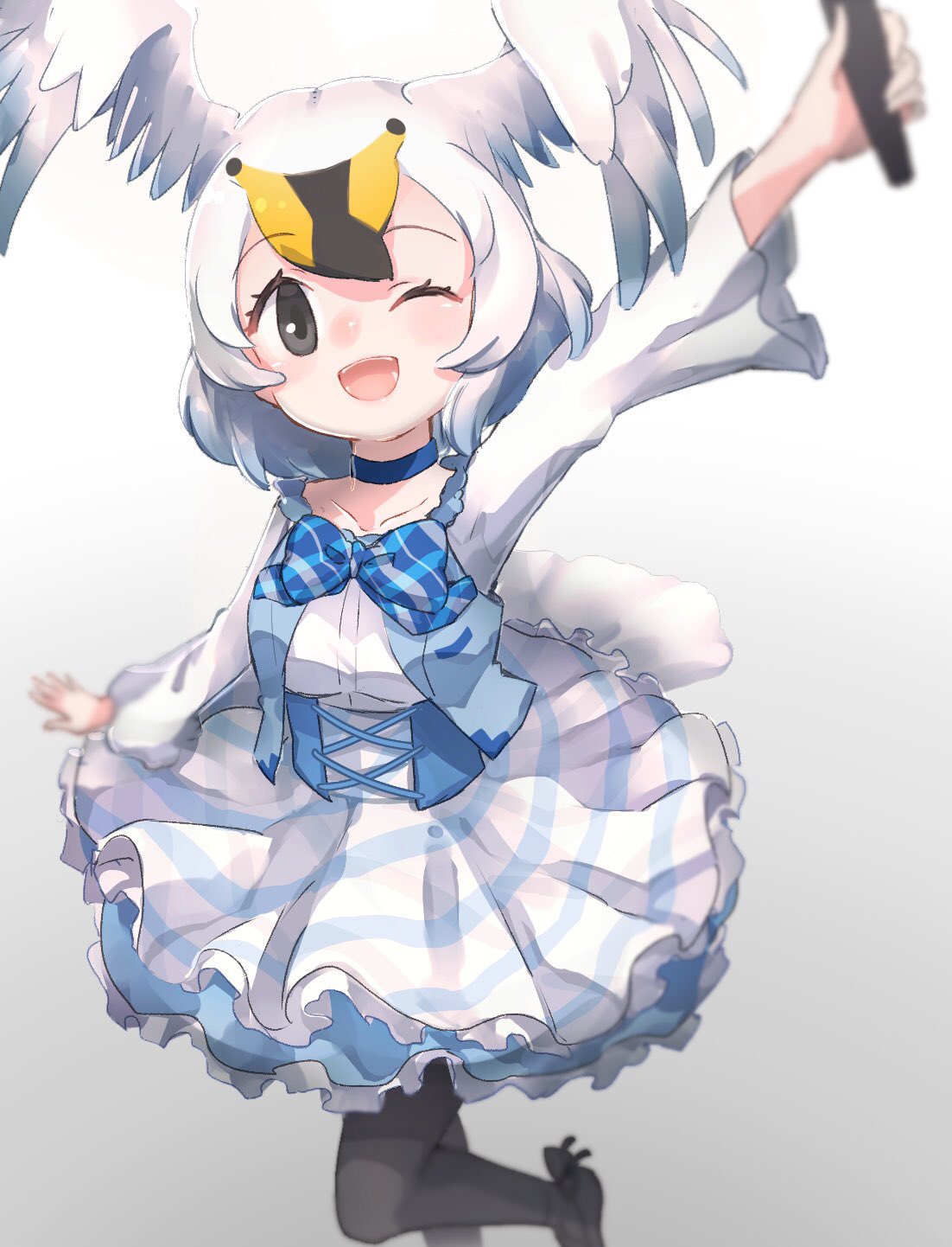 1girl bird_tail bird_wings black_hair black_legwear blonde_hair blue_corset blue_frills blue_neckwear bow bowtie choker collar collarbone dress eyebrows_visible_through_hair frilled_collar frilled_dress frills from_above hair_between_eyes head_wings highres idol kemono_friends long_sleeves microphone multicolored_hair one_eye_closed pantyhose plaid_neckwear pleated_dress short_hair smile solo tatsuno_newo tundra_swan_(kemono_friends) white_dress white_hair wings