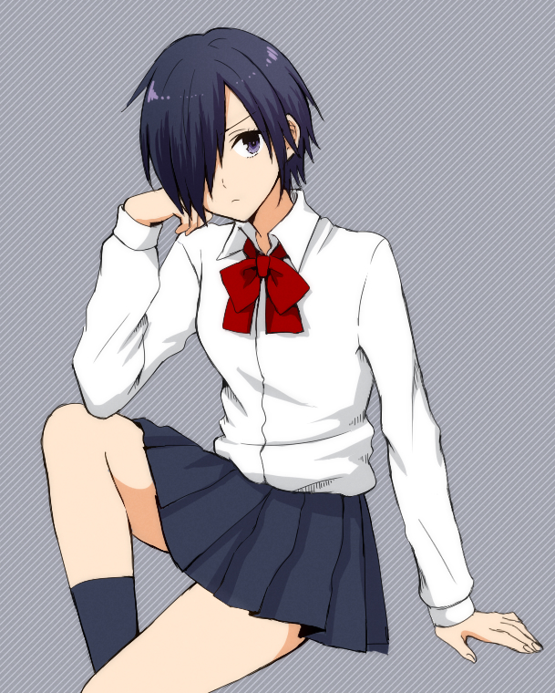 1girl black_legwear black_skirt blue_background blue_eyes blue_hair bow bowtie collared_shirt diagonal_stripes dress_shirt frown hair_over_one_eye head_rest kirishima_touka koroni_(nkrgs) long_sleeves looking_at_viewer miniskirt pleated_skirt red_bow red_neckwear school_uniform shiny shiny_hair shirt short_hair sitting skirt solo striped striped_background tokyo_ghoul white_shirt wing_collar