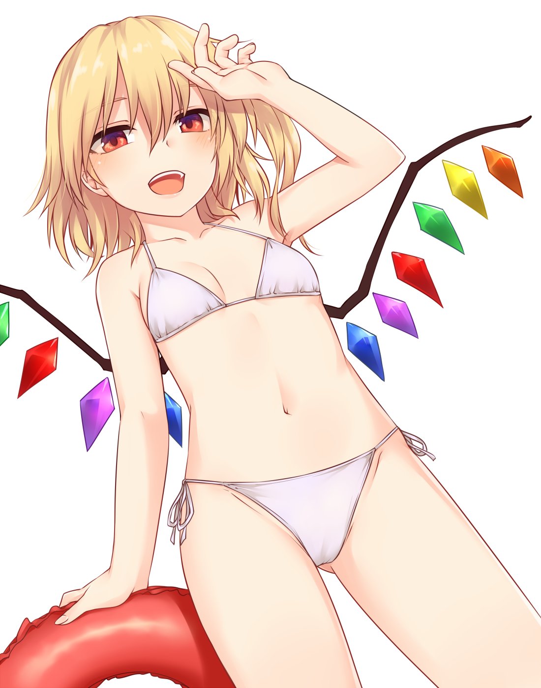 1girl :d arm_up ass_visible_through_thighs bangs bikini blonde_hair breasts commentary flandre_scarlet groin hair_between_eyes highres innertube looking_at_viewer miyo_(ranthath) navel open_mouth red_eyes short_hair side-tie_bikini side_ponytail simple_background small_breasts smile solo swimsuit touhou white_background white_bikini wings