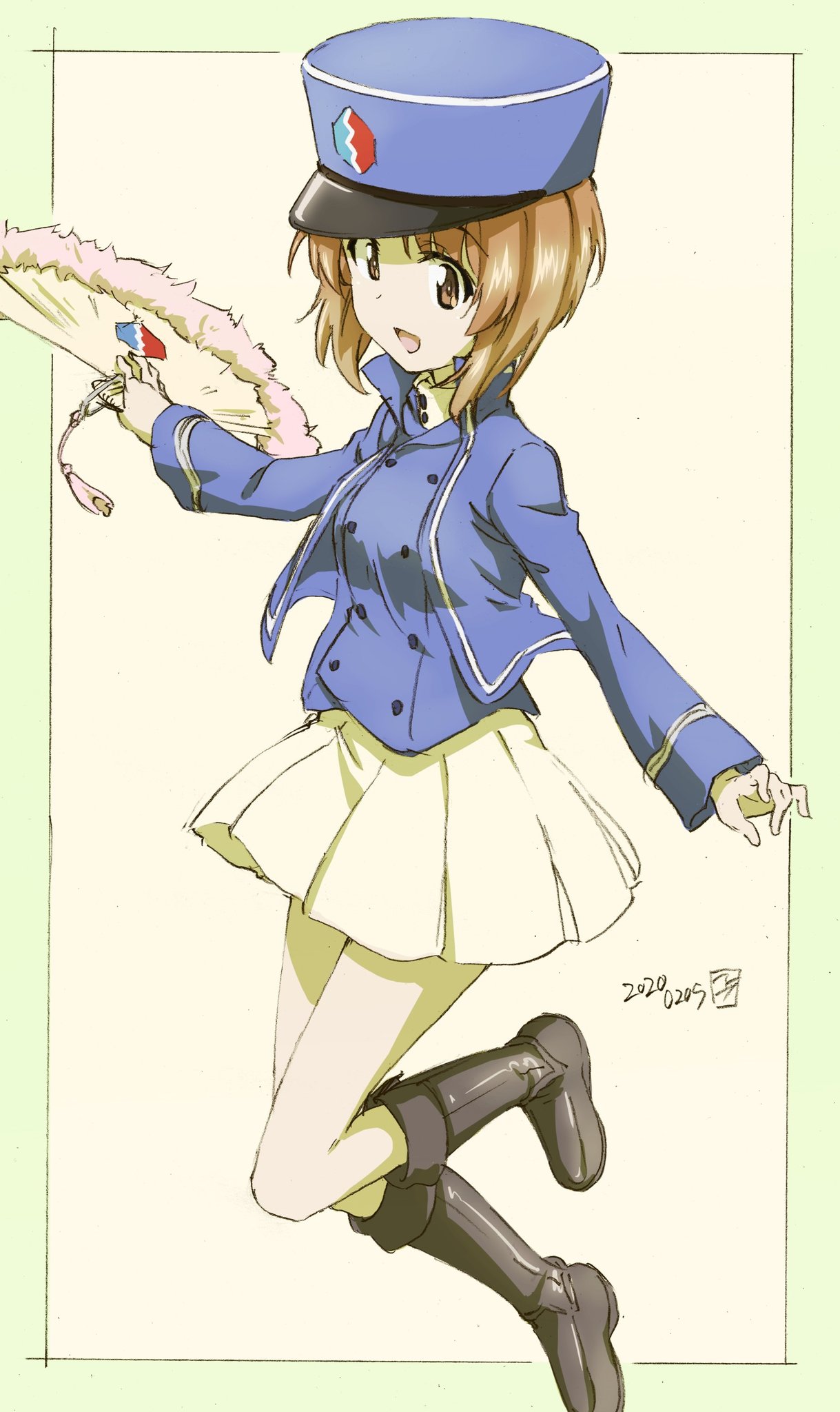 1girl artist_name bangs bc_freedom_(emblem) bc_freedom_military_uniform black_border black_footwear blue_headwear blue_jacket blue_vest boots border brown_eyes brown_hair commentary dated dress_shirt emblem eyebrows_visible_through_hair fan folding_fan girls_und_panzer hat high_collar highres holding holding_fan jacket kepi knee_boots leg_up long_sleeves looking_at_viewer military military_hat military_uniform miniskirt nishizumi_miho open_mouth outside_border pleated_skirt robinsonk9999 shirt short_hair signature skirt smile solo standing standing_on_one_leg uniform vest white_shirt white_skirt