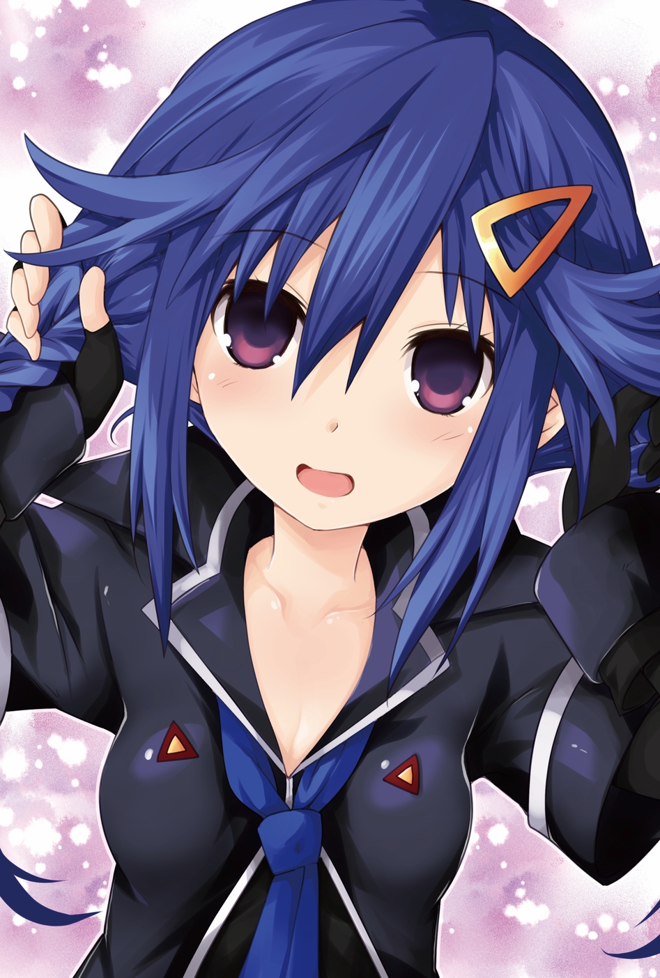 1girl ankokuboshi_kurome black_gloves black_shirt blue_hair blue_neckwear braid breasts commission eyebrows_visible_through_hair fingerless_gloves gloves hair_between_eyes hair_ornament hairclip highres iwasi-r looking_at_viewer necktie neptune_(series) shin_jigen_game_neptune_vii shirt small_breasts smile solo twin_braids twintails upper_body violet_eyes