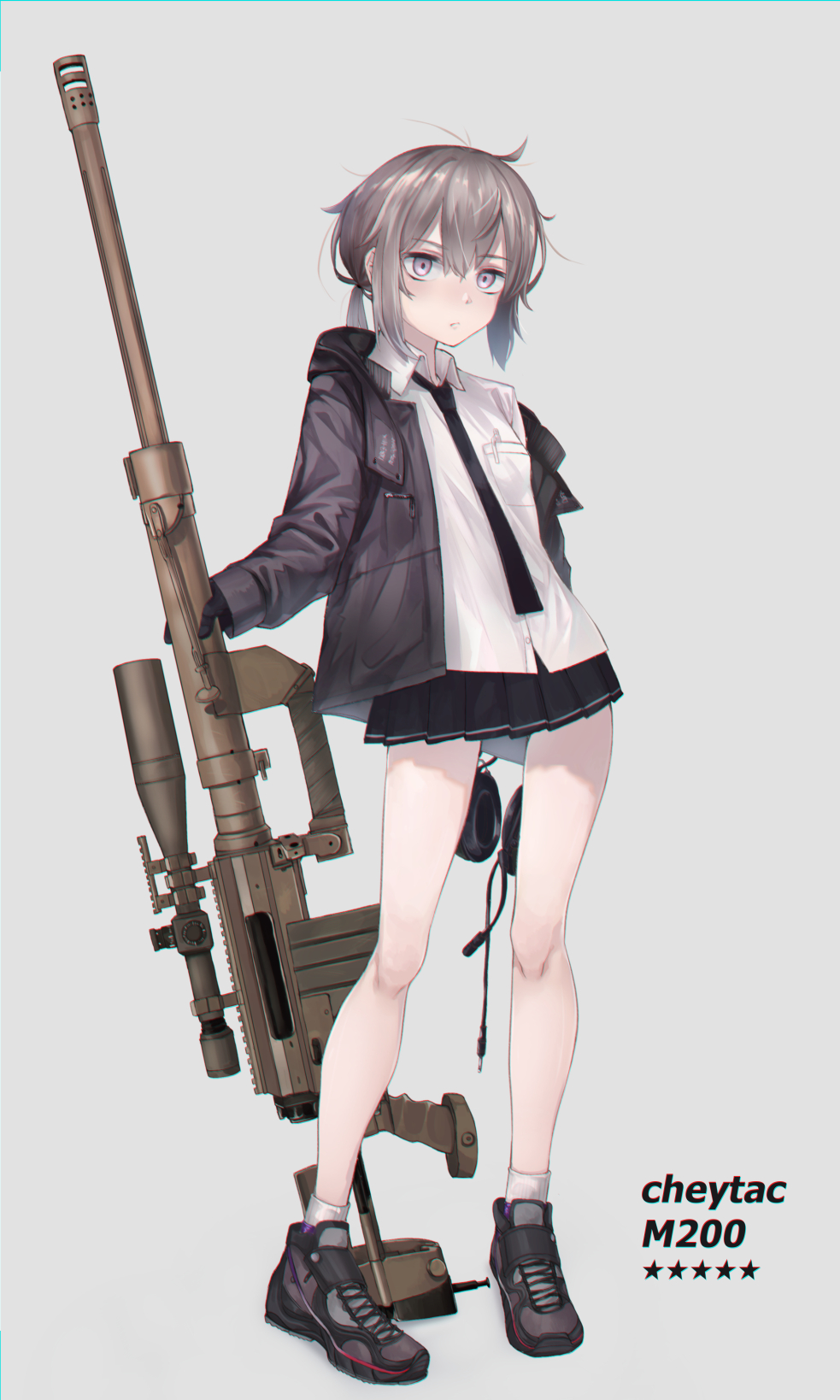 1girl ahoge anti-materiel_rifle bangs bare_legs black_gloves black_neckwear black_skirt bolt_action breast_pocket breasts brown_jacket cable cheytac_m200 closed_mouth collared_shirt commentary dress_shirt english_text full_body girls_frontline gloves grey_background gun hakua_mill headset headwear_removed highres holding holding_gun holding_weapon hood hood_down hooded_jacket jacket lavender_eyes light_brown_hair looking_at_viewer loose_necktie low_ponytail m200_(girls_frontline) messy_hair muzzle_brake necktie open_clothes open_jacket pen pleated_skirt pocket popped_collar purple_footwear rifle scope shirt shoes sidelocks skirt small_breasts sniper_rifle sniper_scope socks solo standing star untucked_shirt weapon white_legwear white_shirt zipper