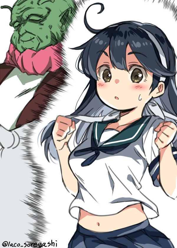 1girl 1other ahoge aura black_hair black_neckwear blue_sailor_collar blue_skirt brown_eyes character_request commentary_request crossover dragon_ball hairband kantai_collection laco_soregashi long_hair neckerchief parody pleated_skirt remodel_(kantai_collection) sailor_collar school_uniform serafuku skirt twitter_username ushio_(kantai_collection) white_hairband