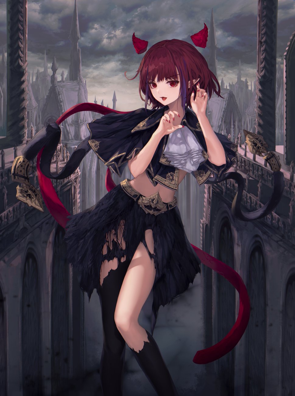 1girl asymmetrical_legwear black_legwear black_skirt building capelet claw_pose clouds cloudy_sky crop_top dusk gold_trim hands_up highres horns jname looking_at_viewer midriff multicolored_hair nail_polish open_mouth original outdoors pointy_ears red_eyes red_nails redhead short_hair skirt sky smile solo standing streaked_hair thighs torn_clothes torn_legwear torn_skirt