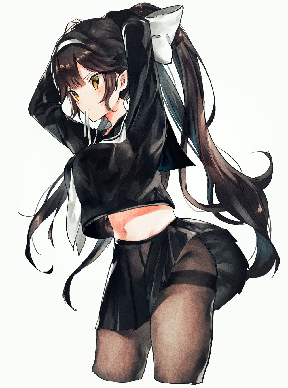 1girl adjusting_hair arms_up azur_lane black_legwear black_shirt black_skirt blush bow breasts commentary cowboy_shot crop_top crop_top_overhang hair_bow hair_tie_in_mouth highres irohatomo long_hair long_sleeves medium_breasts midriff miniskirt mouth_hold navel pantyhose perky_breasts pleated_skirt ponytail sailor_collar school_uniform serafuku shirt simple_background skirt solo takao_(academy_romantica)_(azur_lane) takao_(azur_lane) white_background white_bow white_neckwear yellow_eyes