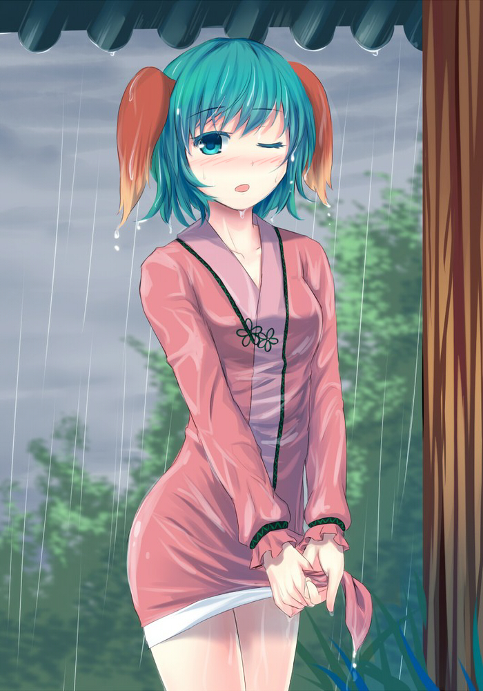 1girl animal_ears blush clouds cloudy_sky collarbone colored_eyelashes dress dripping green_eyes green_hair kasodani_kyouko long_sleeves looking_at_viewer one_eye_closed open_mouth pink_skirt rain short_hair skirt sky solo touhou wet wet_clothes wet_dress wet_hair wringing_clothes yonaga_(masa07240)