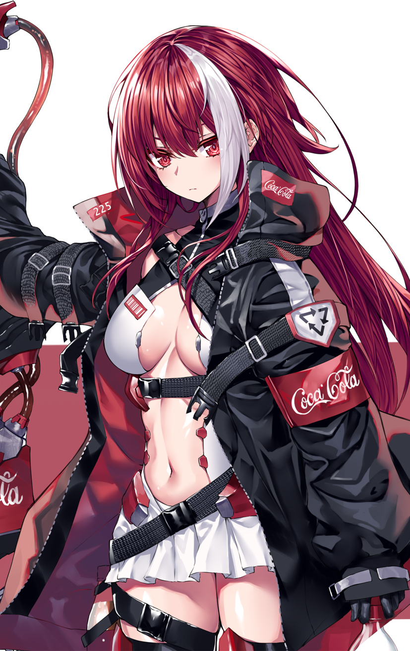 1girl armband black_gloves black_jacket breasts center_opening close-up closed_mouth coca-cola cowboy_shot expressionless gloves heirou high_collar highres jacket long_hair long_sleeves looking_at_viewer medium_breasts miniskirt multicolored_hair navel open_clothes open_jacket original outstretched_arm red_eyes redhead revealing_clothes shirt sidelocks skirt soda_bottle solo stomach strap thigh-highs two-tone_hair white_background white_shirt white_skirt zettai_ryouiki